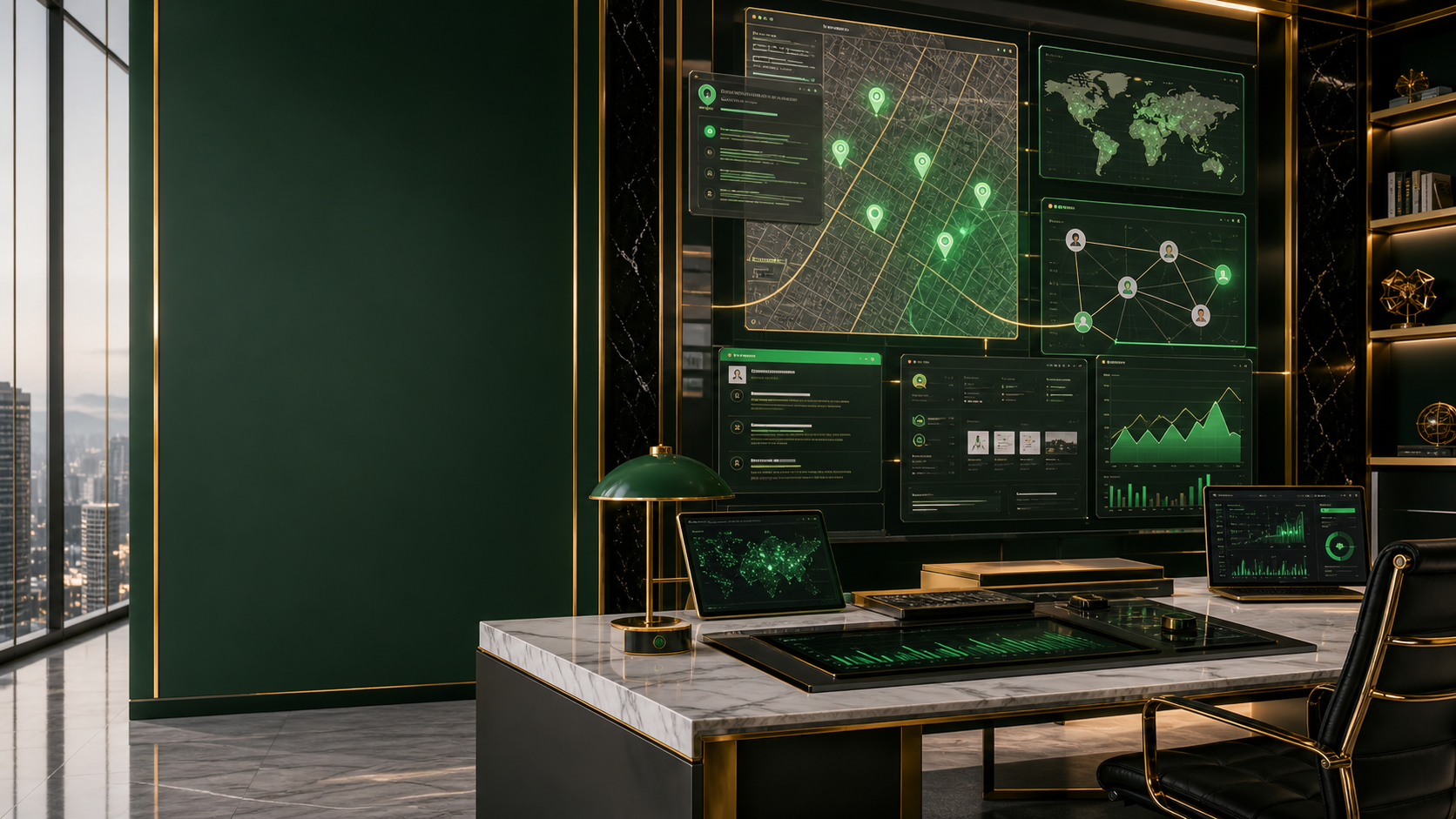 A premium SEO command room with search dashboards and map intelligence screens.